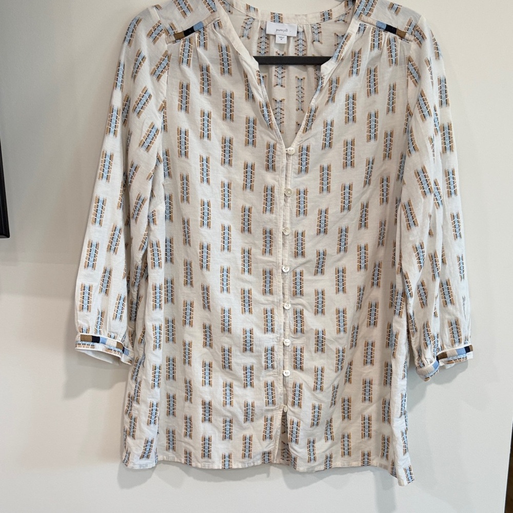 J. Jill Cream Tunic with Blue and Tan Geometric Print